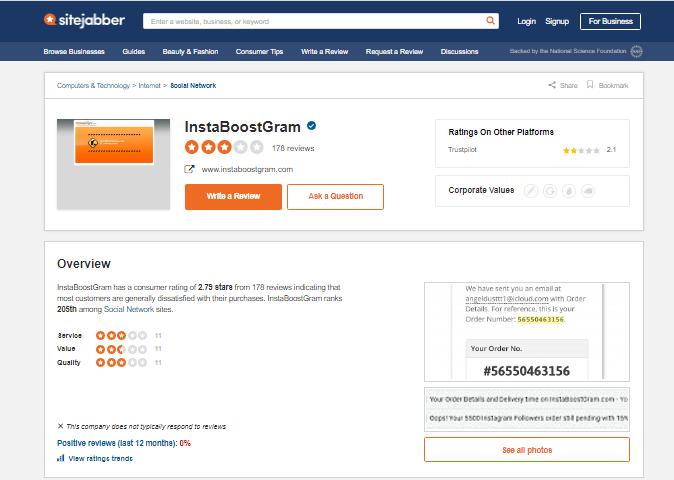a screenshot of Instaboostgram review page on sitejabber